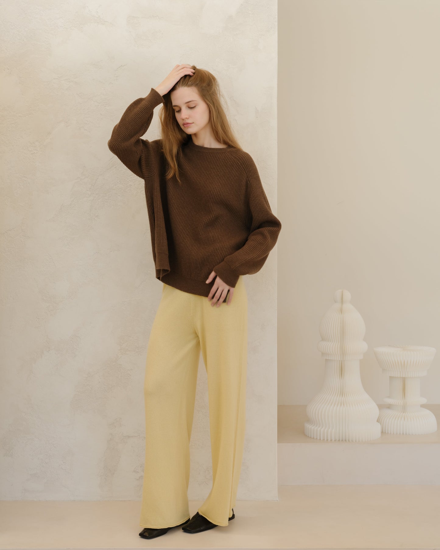 Cashmere Mix Crewneck Ribbed Sweater with Lateral Slits