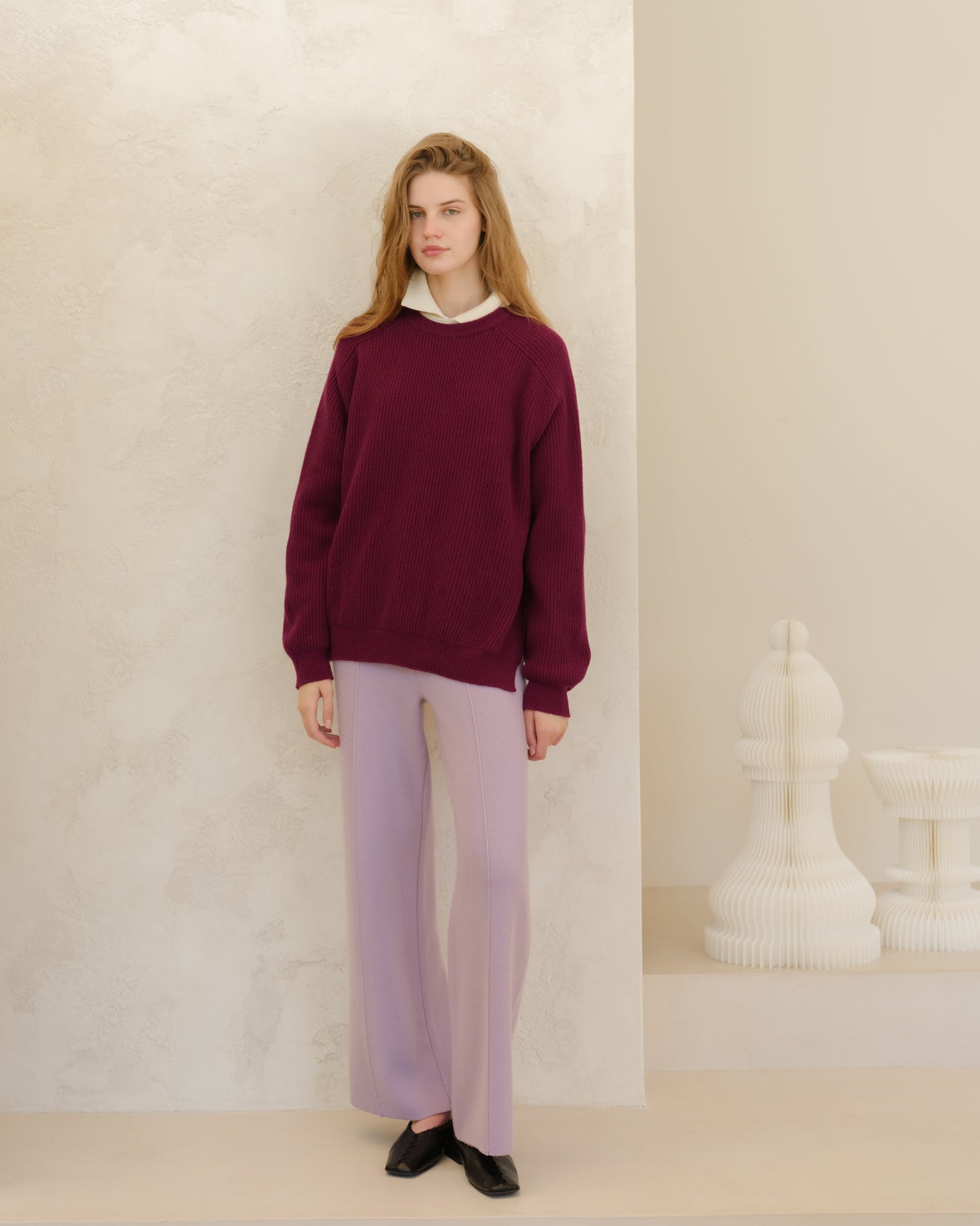 Cashmere Mix Crewneck Ribbed Sweater with Lateral Slits