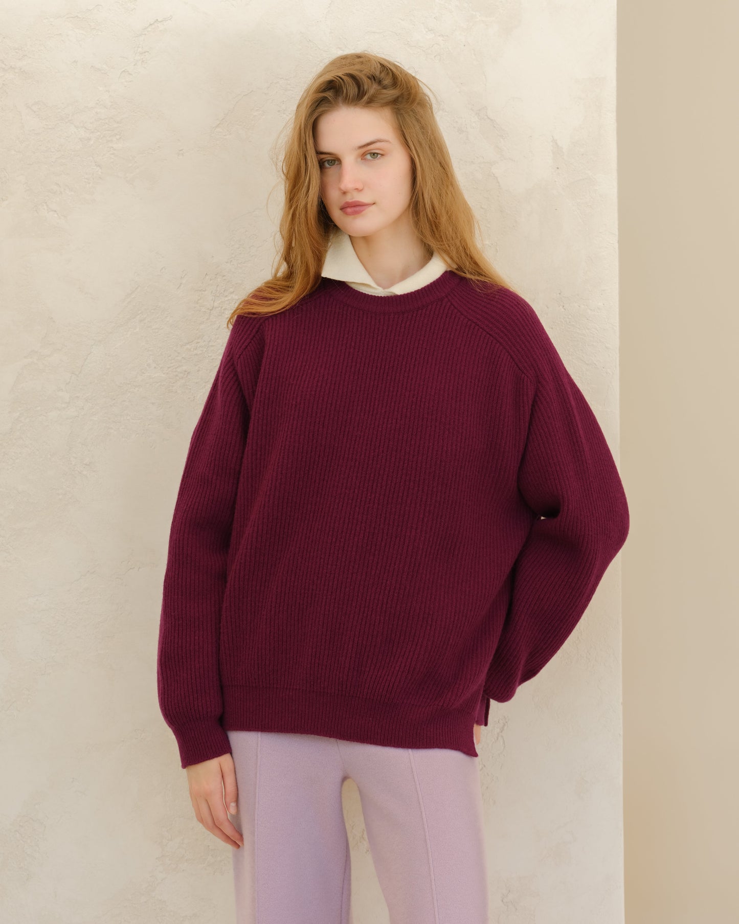 Cashmere Mix Crewneck Ribbed Sweater with Lateral Slits