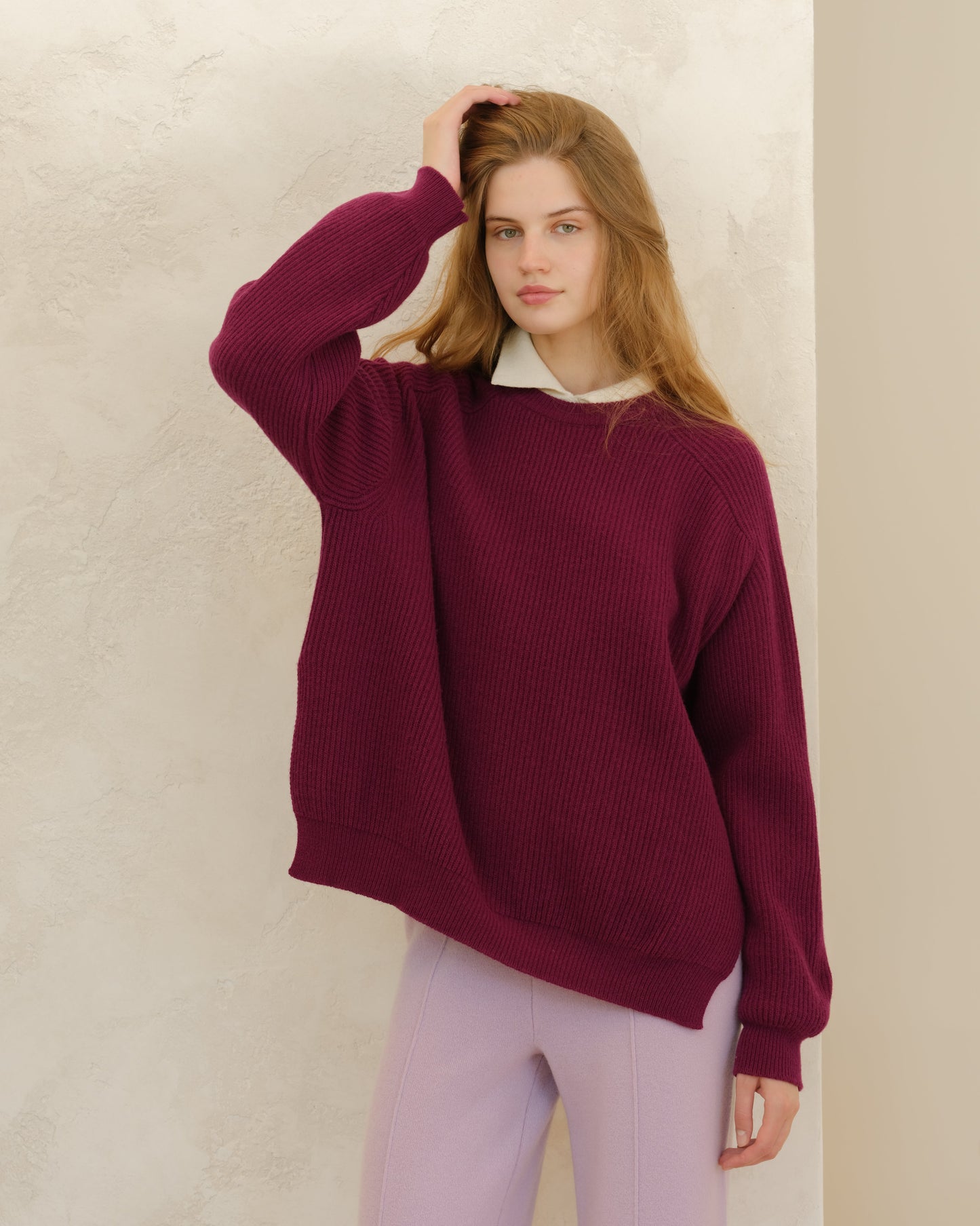 Cashmere Mix Crewneck Ribbed Sweater with Lateral Slits