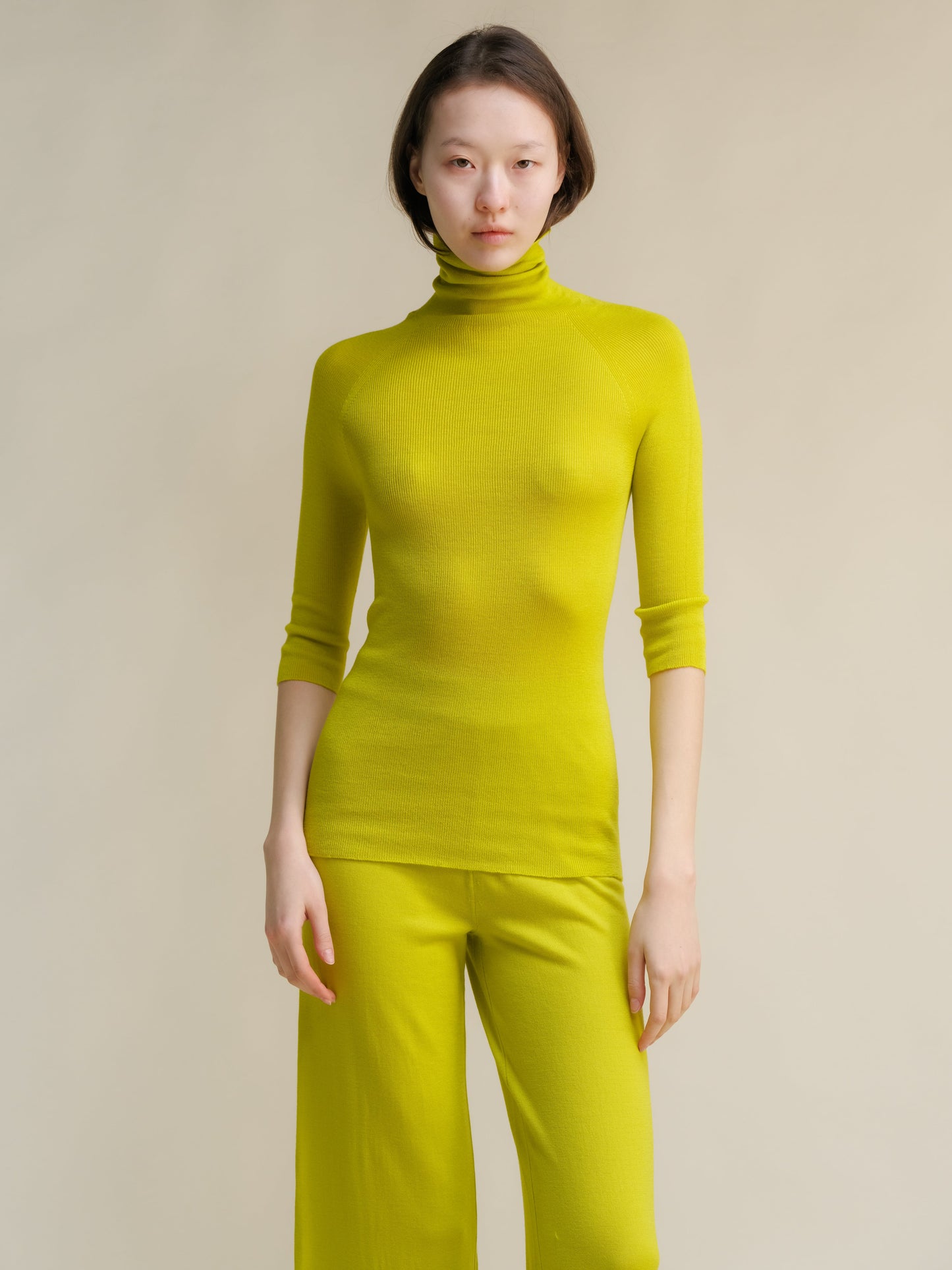 Extra Fine Merino Wool 3/4 Sleeve Ribbed Turtleneck  (3D-Knit)