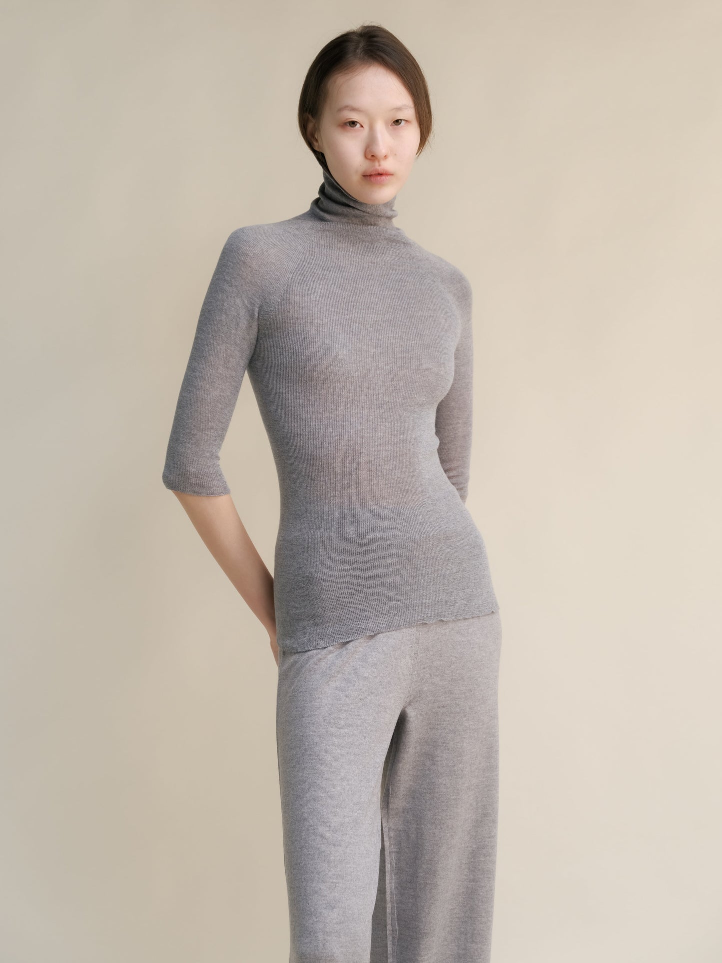 Extra Fine Merino Wool 3/4 Sleeve Ribbed Turtleneck  (3D-Knit)