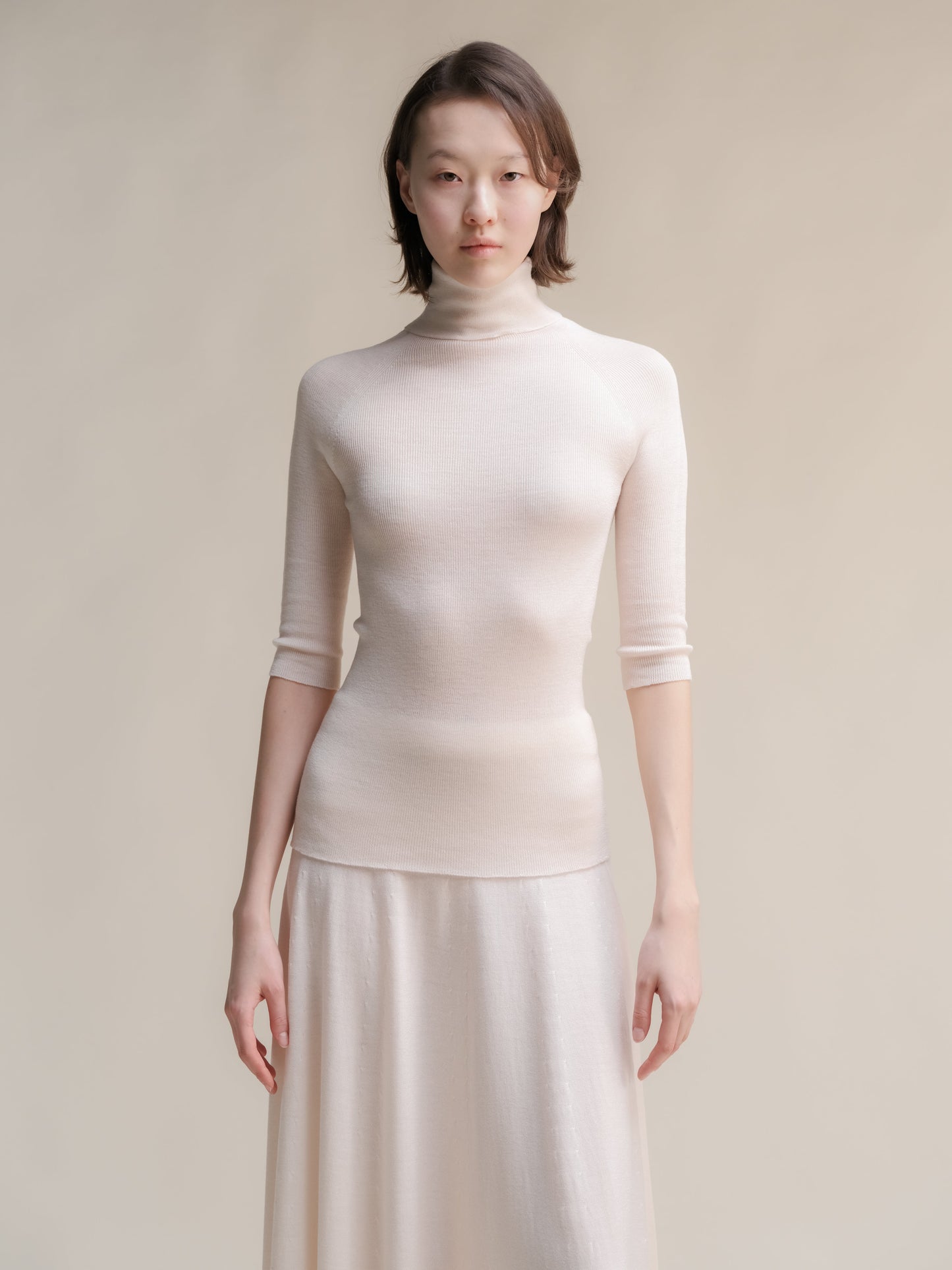 Extra Fine Merino Wool 3/4 Sleeve Ribbed Turtleneck  (3D-Knit)
