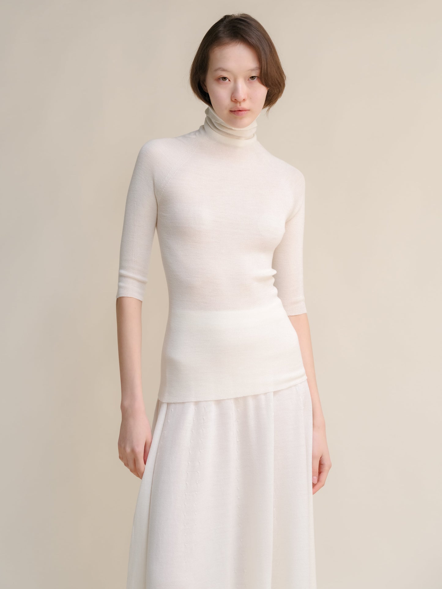 Extra Fine Merino Wool 3/4 Sleeve Ribbed Turtleneck  (3D-Knit)