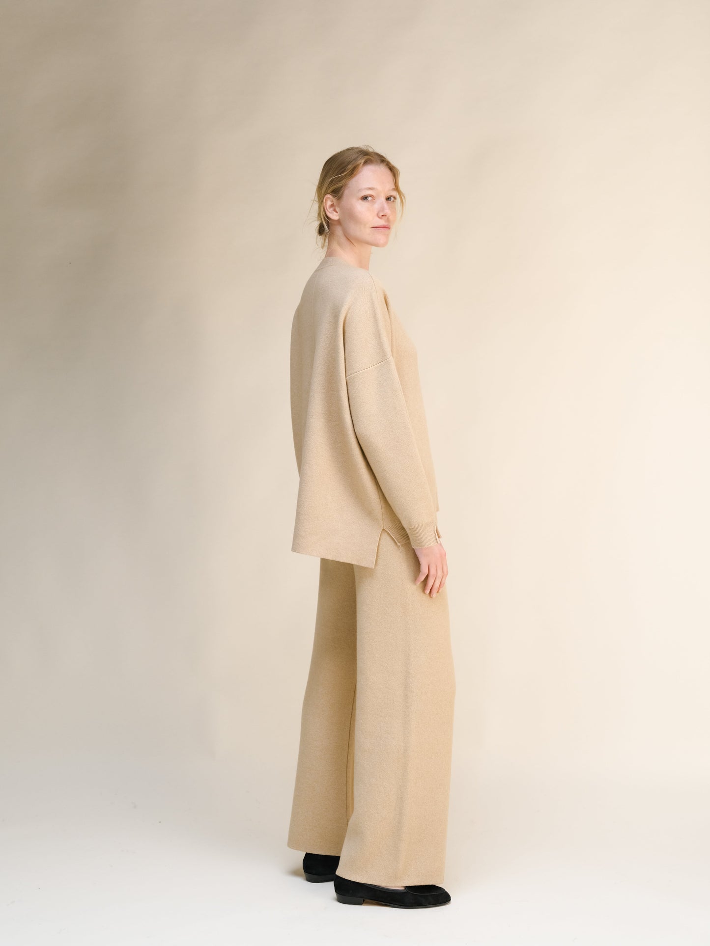 Cashmere Mix Solid Maxi V Neck with Side Slits