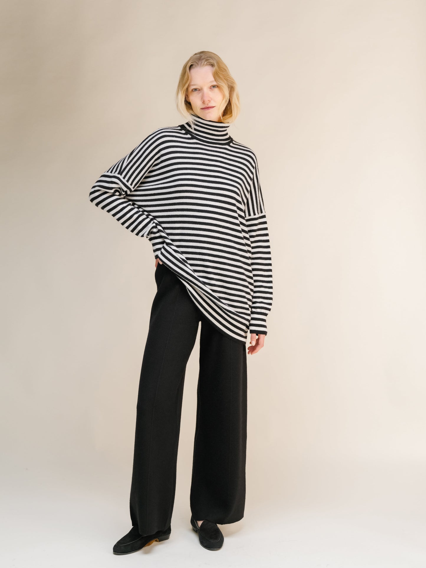 Cashmere Mix Oversized Striped Turtleneck Sweater