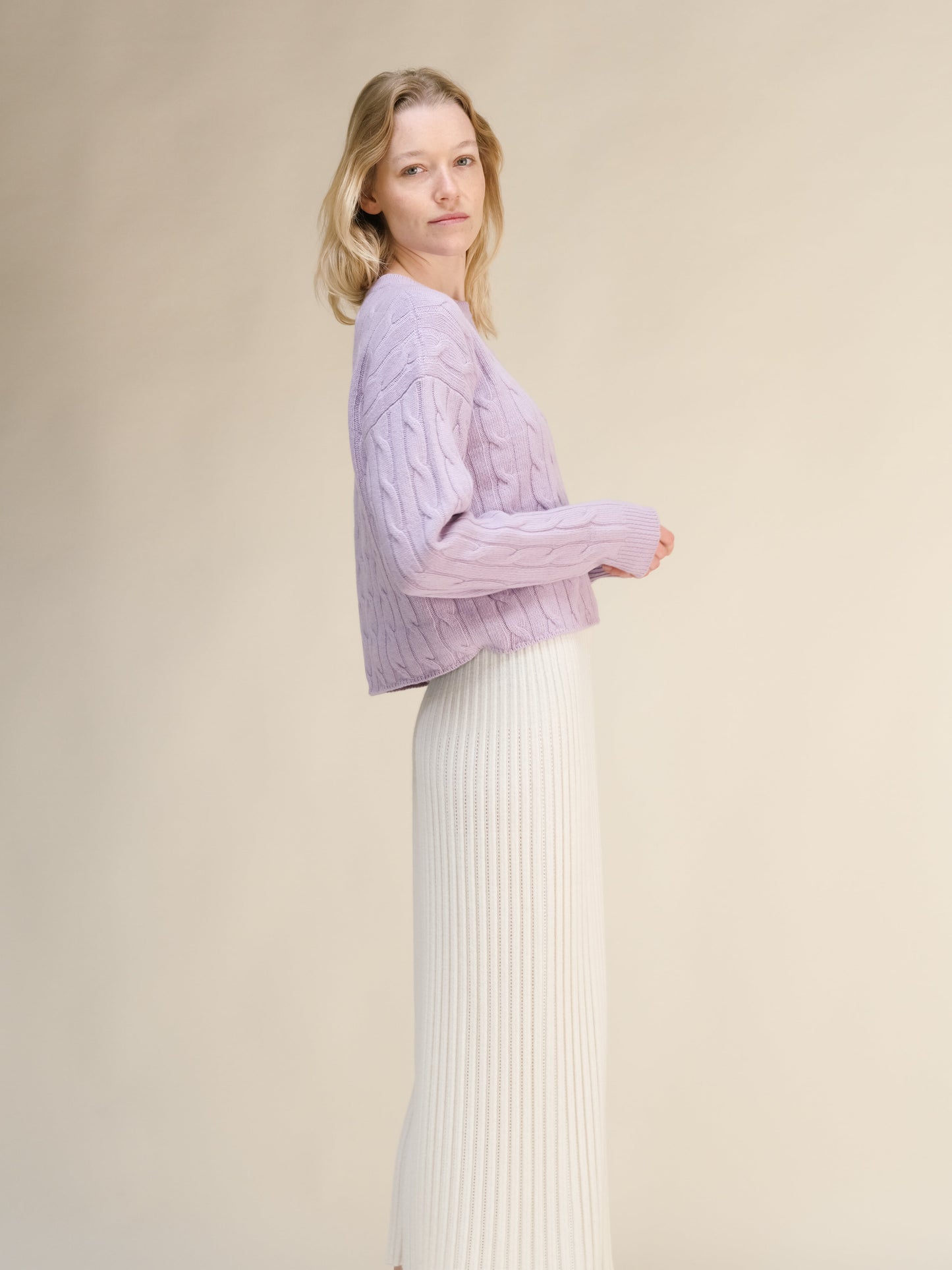 Cashmere Mix Cropped Cable Crewneck Sweater