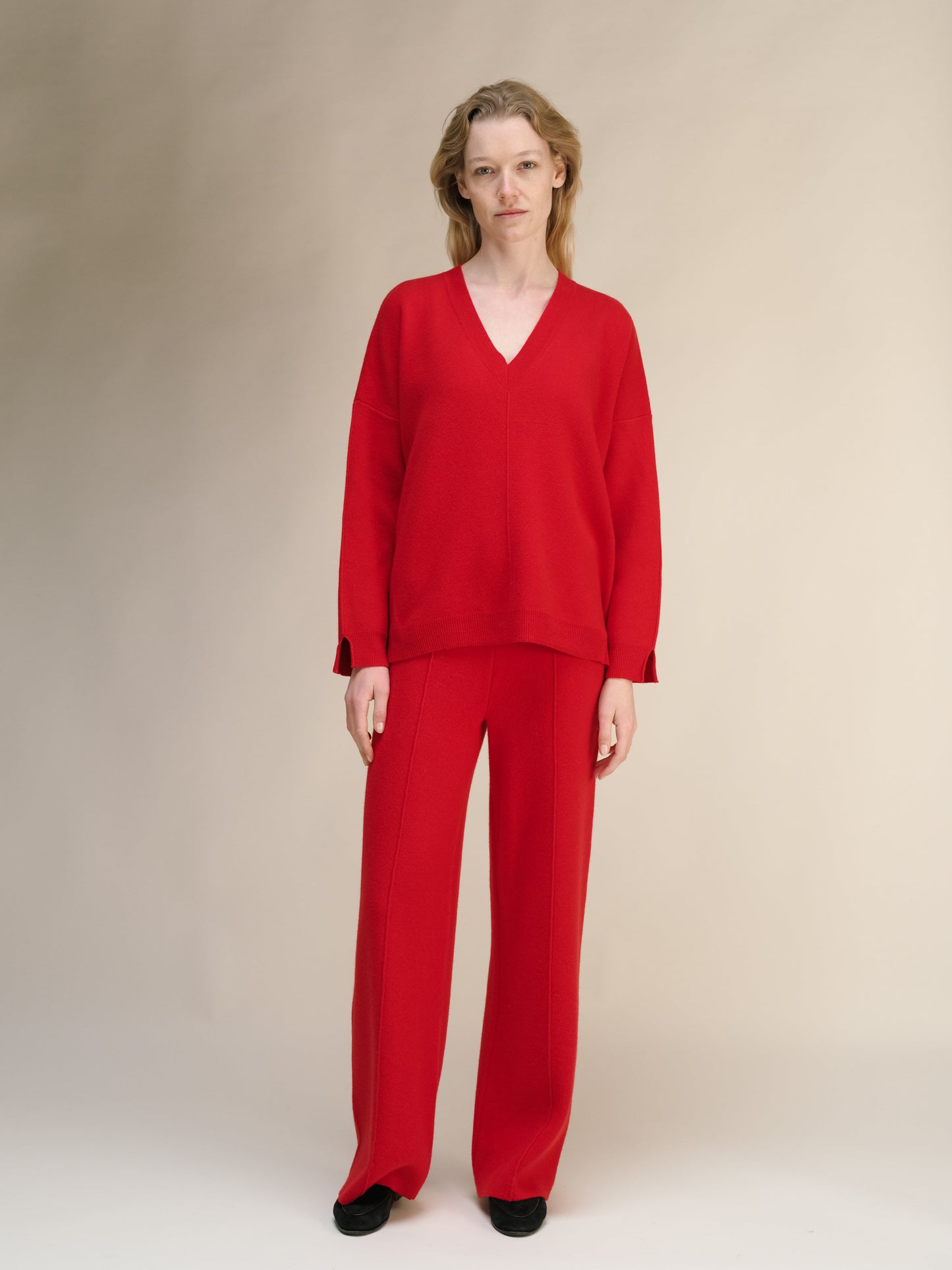 Cashmere Mix Solid Maxi V Neck with Side Slits