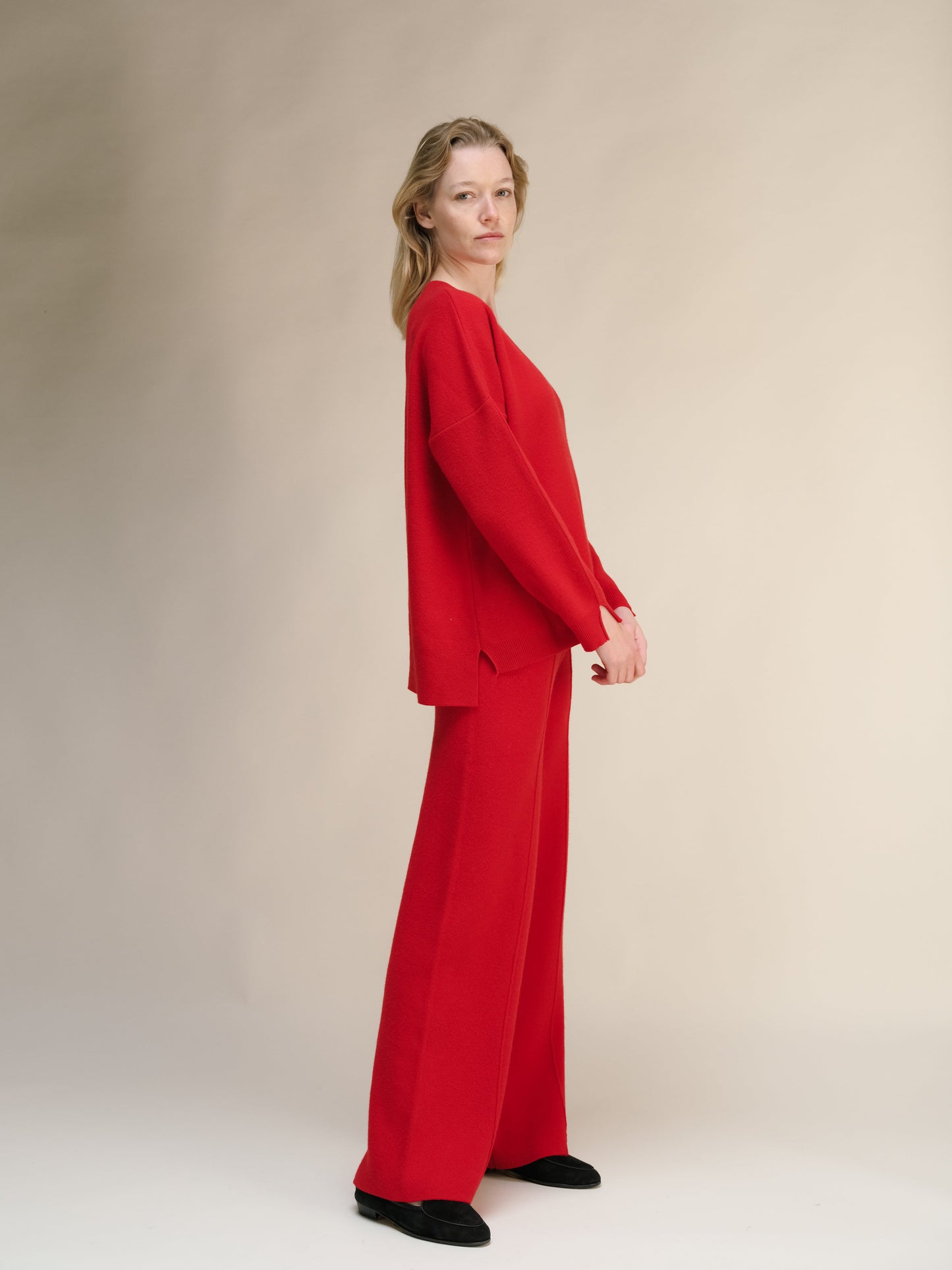 Cashmere Mix Solid Maxi V Neck with Side Slits