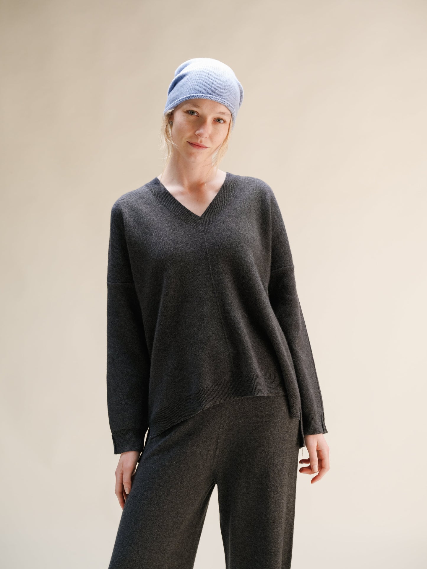 Cashmere Mix Solid Maxi V Neck with Side Slits