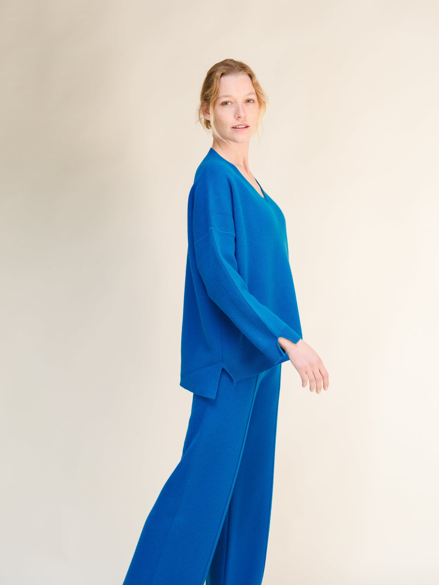 Cashmere Mix Solid Maxi V Neck with Side Slits