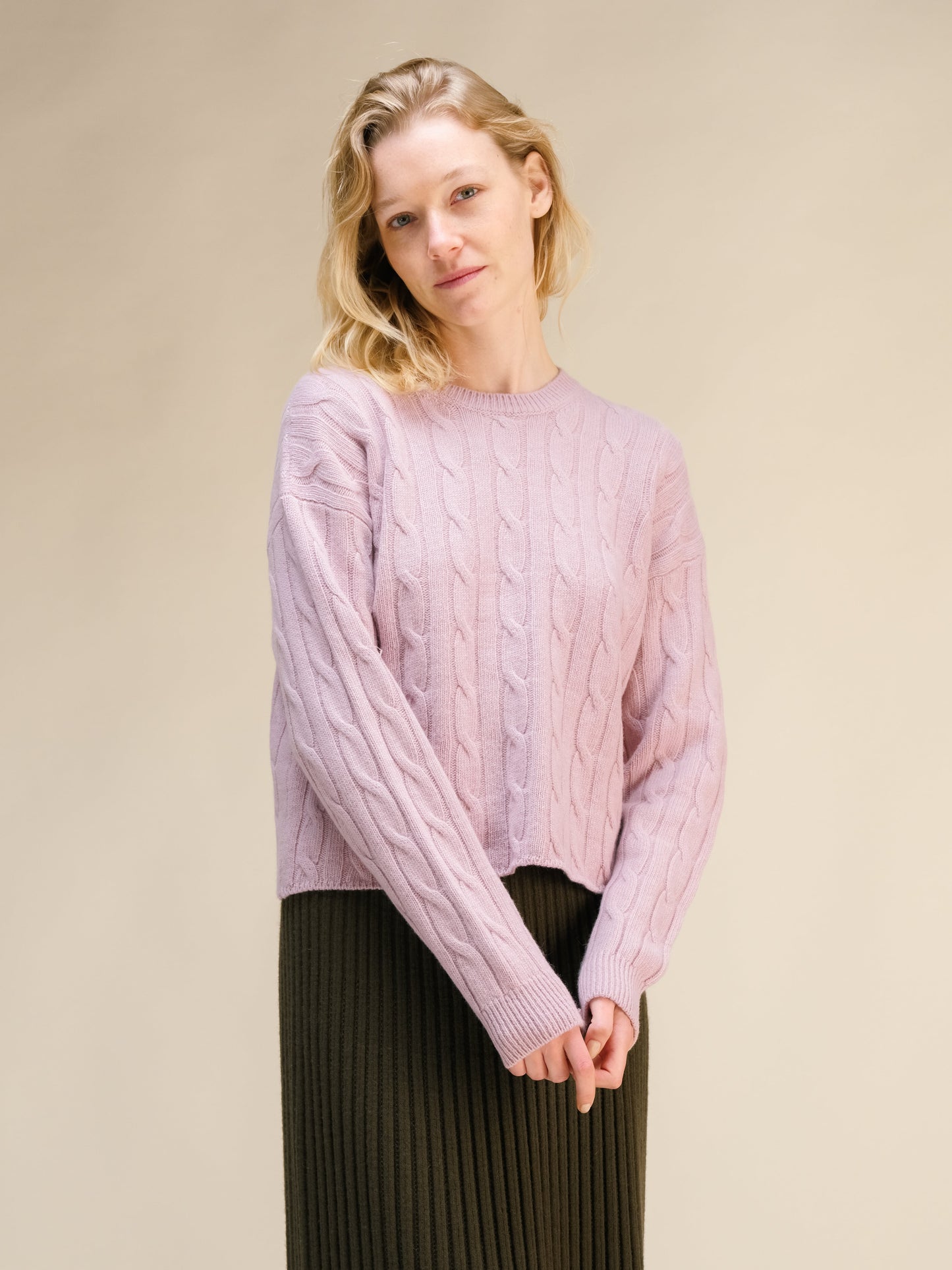 Cashmere Mix Cropped Cable Crewneck Sweater