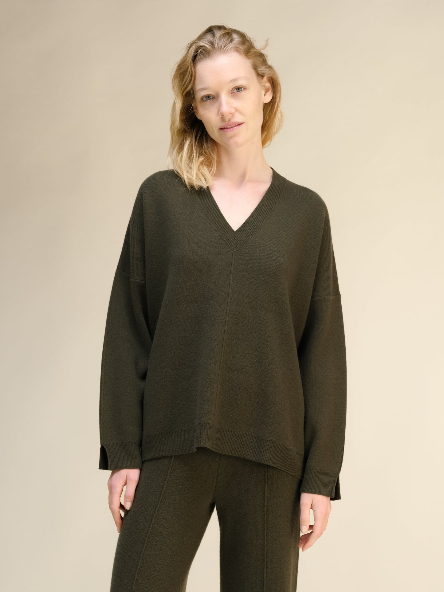 Cashmere Mix Solid Maxi V Neck with Side Slits