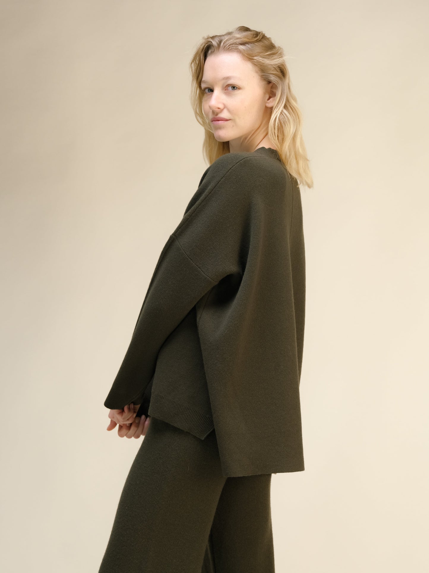 Cashmere Mix Solid Maxi V Neck with Side Slits