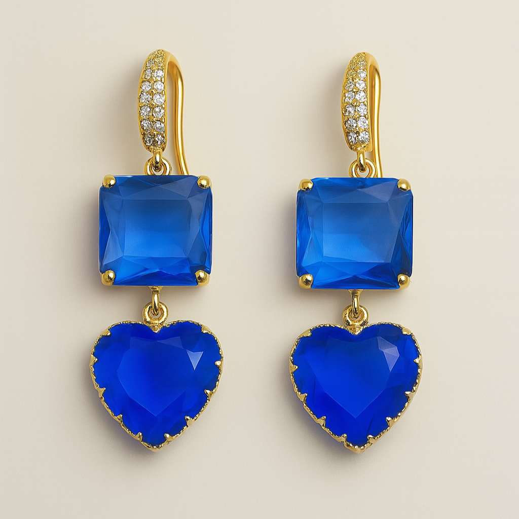 Gold-Plated Gemstone Drop Earrings – Heart & Cushion Design