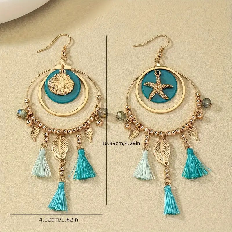 Boho Gold-Plated Tassel Earrings with Starfish & Shell Charms