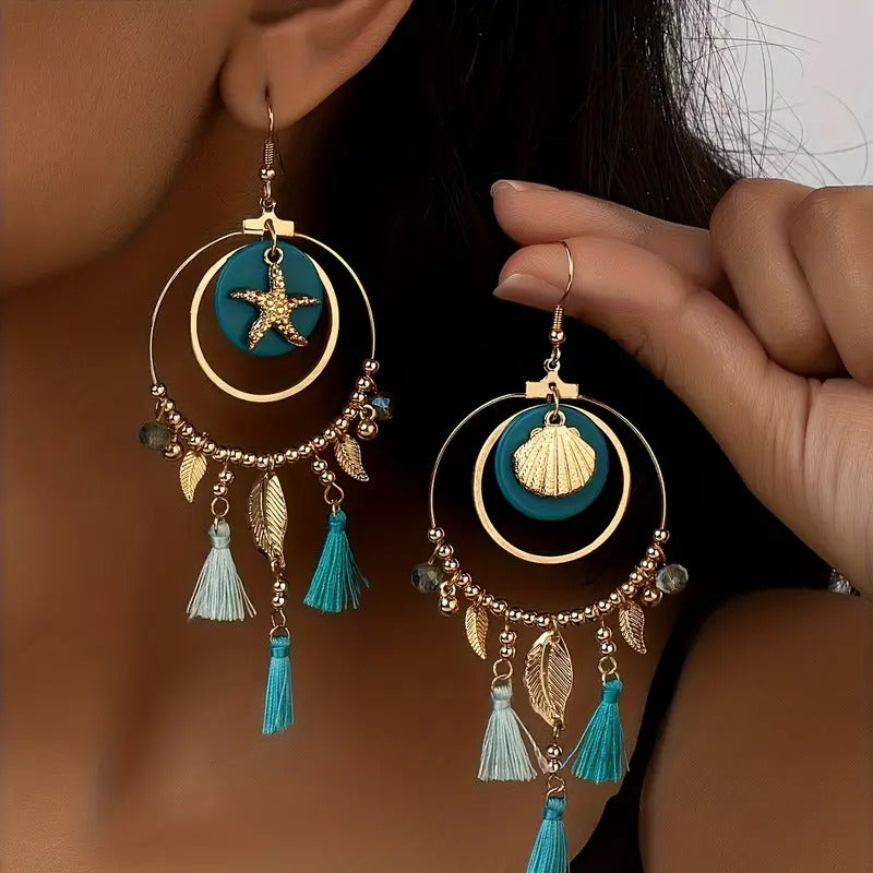 Boho Gold-Plated Tassel Earrings with Starfish & Shell Charms
