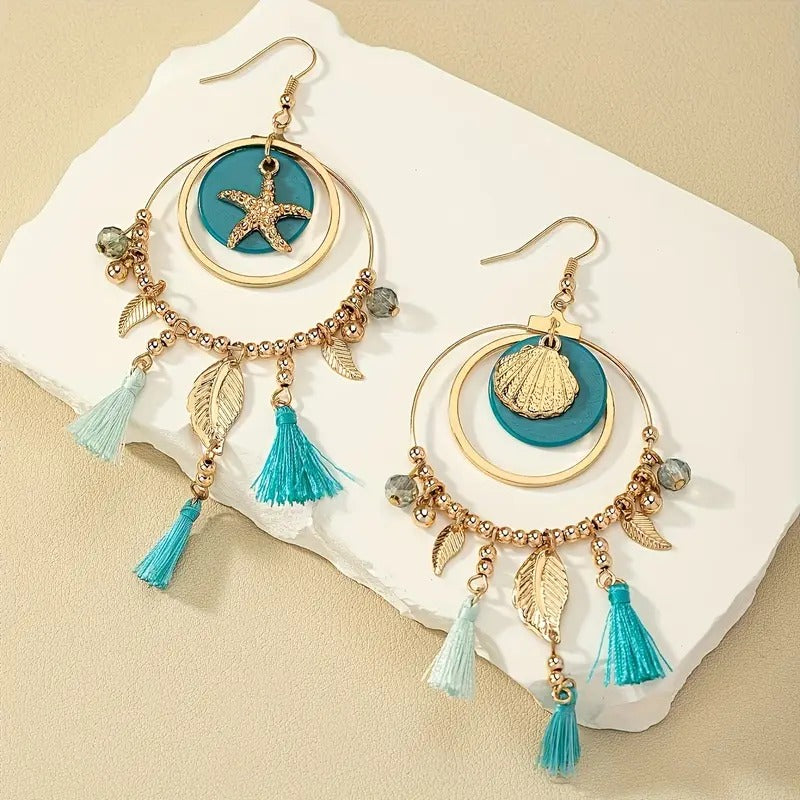 Boho Gold-Plated Tassel Earrings with Starfish & Shell Charms