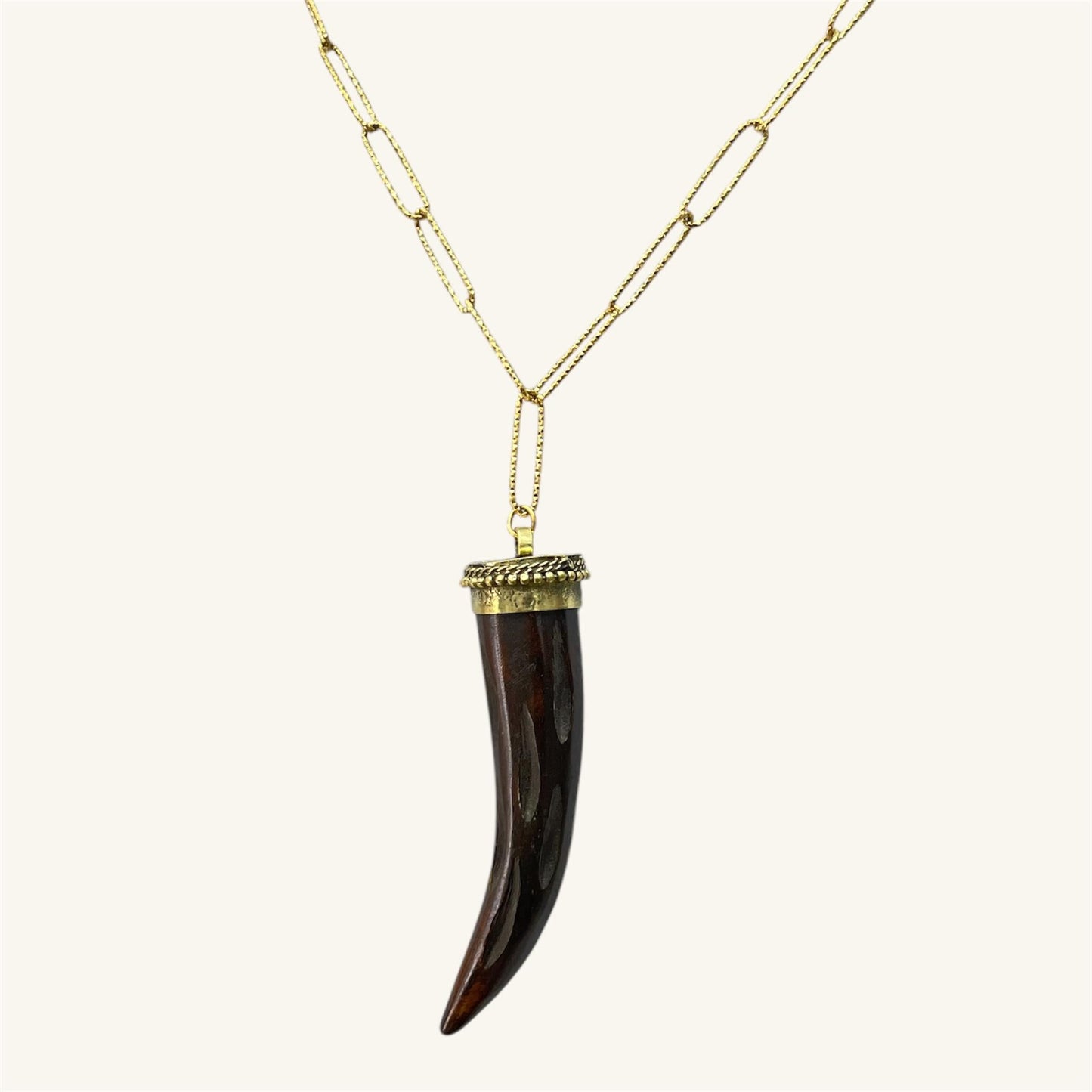 Ornate Horn Pendant – Gold Paperclip Chain Necklace
