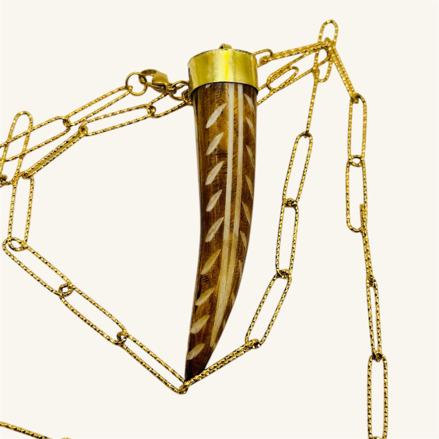 Carved Horn Pendant Necklace – Gold Paperclip Chain