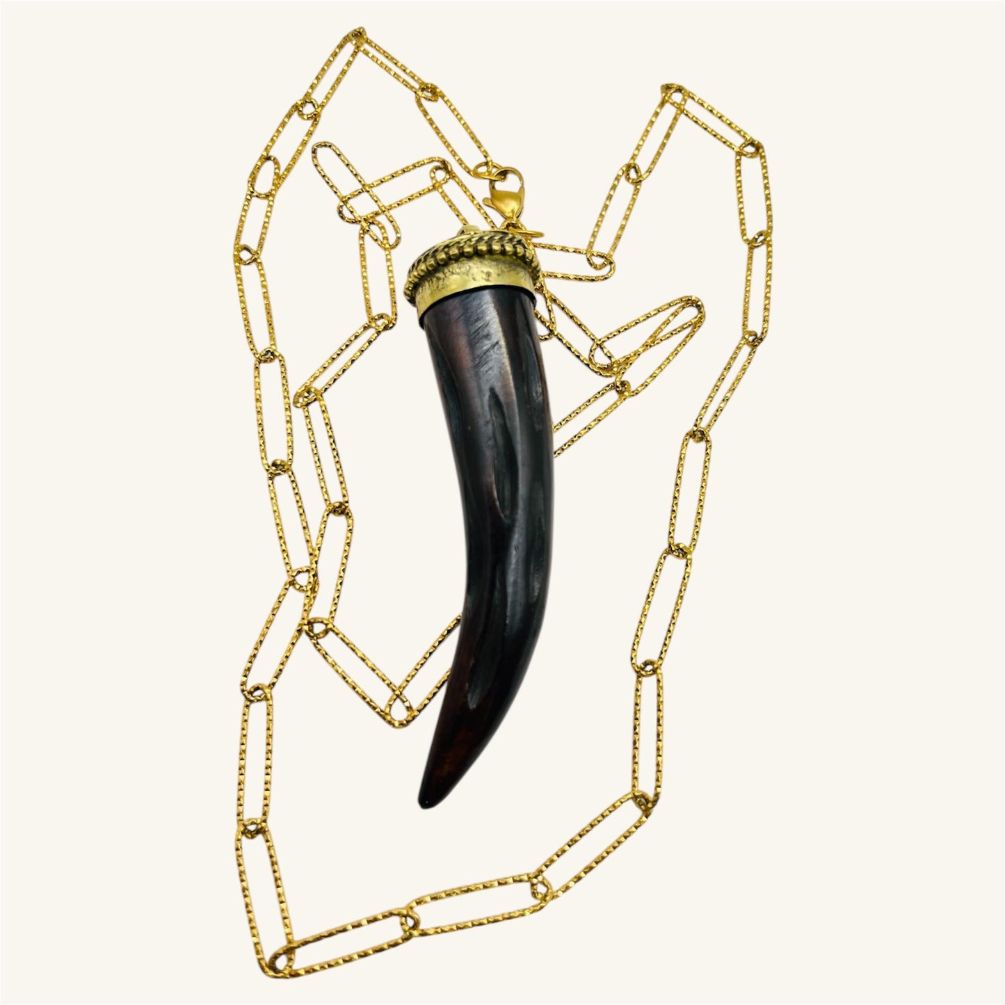 Ornate Horn Pendant – Gold Paperclip Chain Necklace