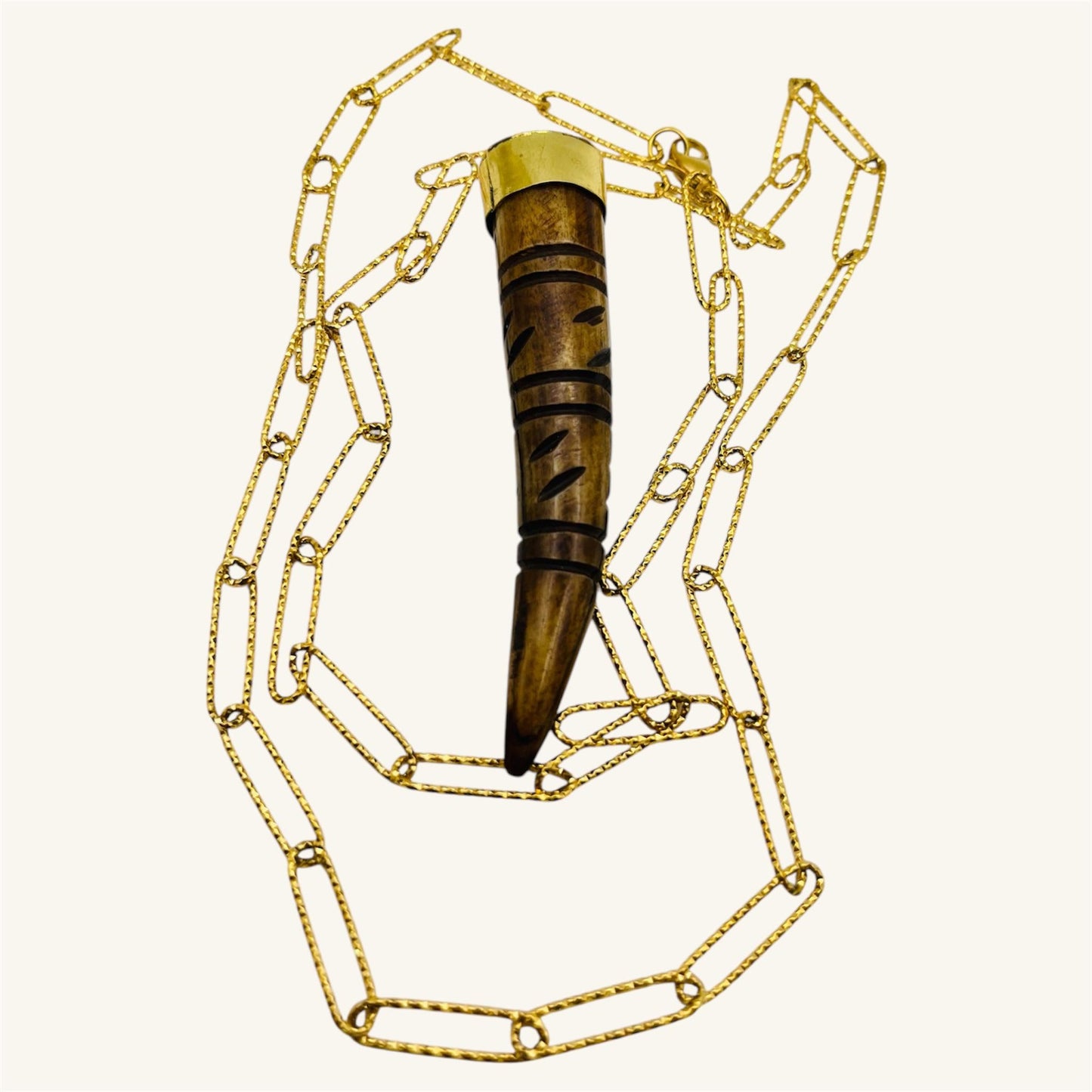 Dark Carved Horn Pendant – Gold Paperclip Chain Necklace