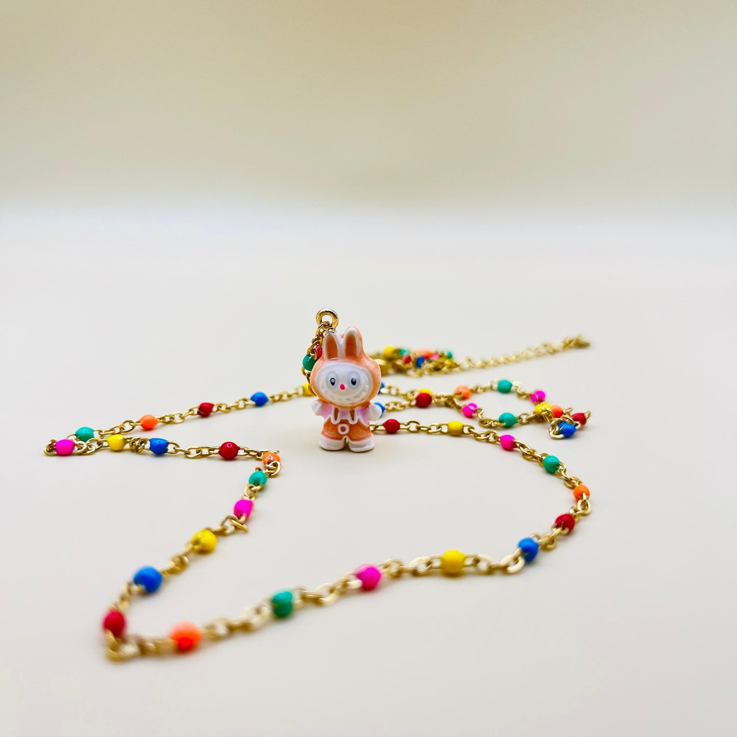Labubu Kawaii Necklace – Gold-Plated Beaded Chain with Enamel Cartoon Charm