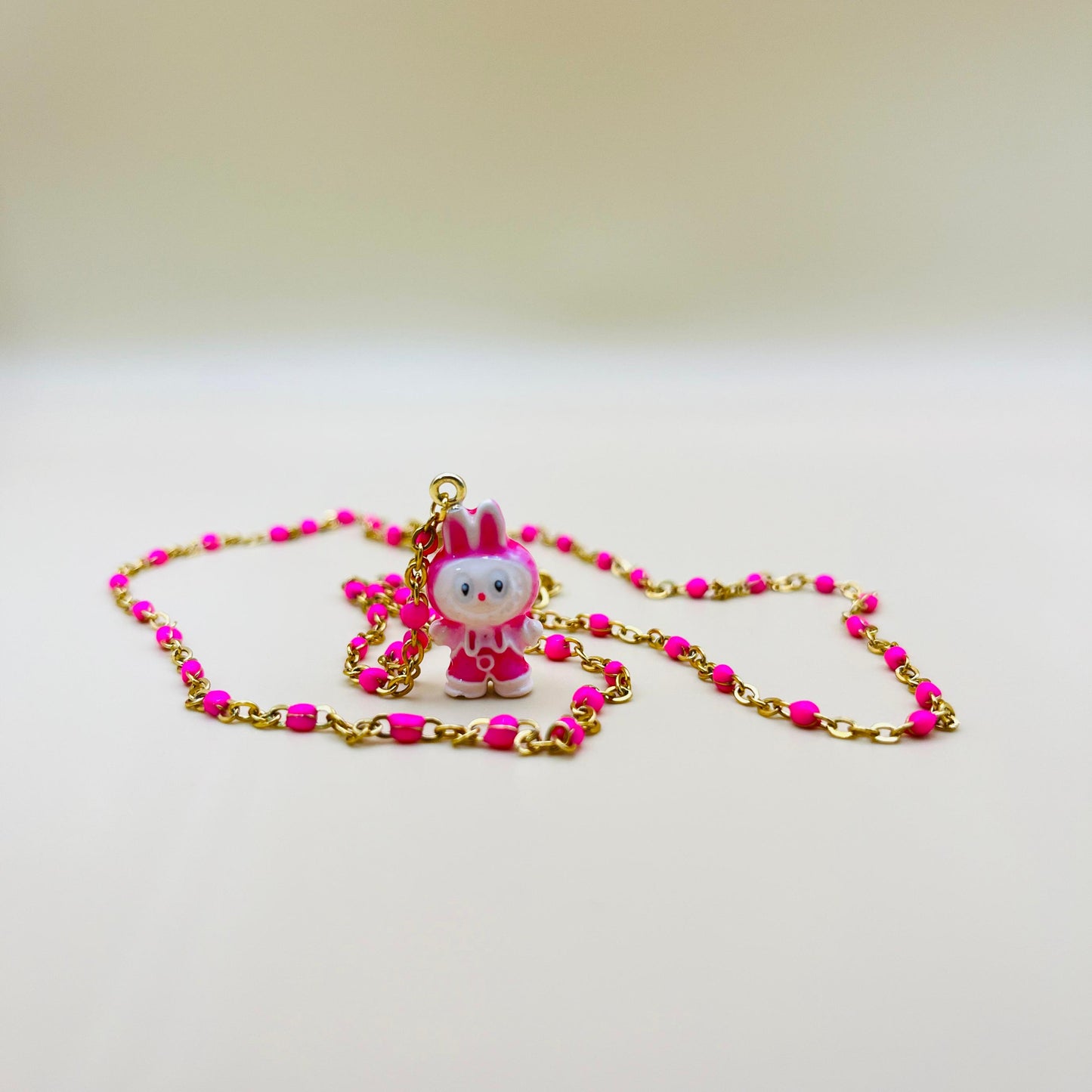 Labubu Kawaii Necklace – Gold-Plated Beaded Chain with Enamel Cartoon Charm