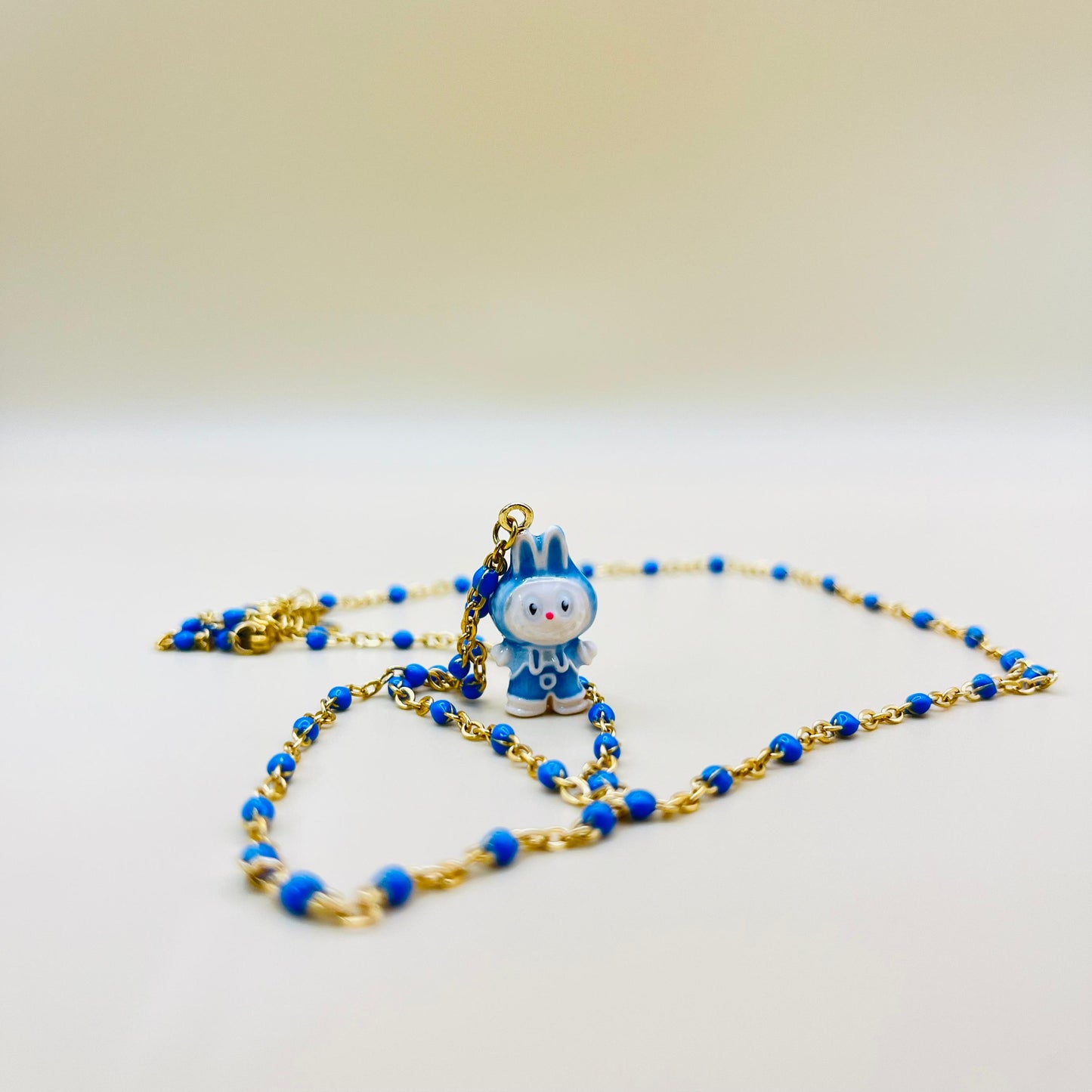 Labubu Kawaii Necklace – Gold-Plated Beaded Chain with Enamel Cartoon Charm