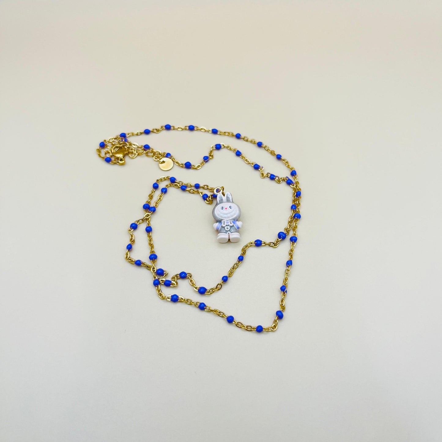 Labubu Kawaii Necklace – Gold-Plated Beaded Chain with Enamel Cartoon Charm