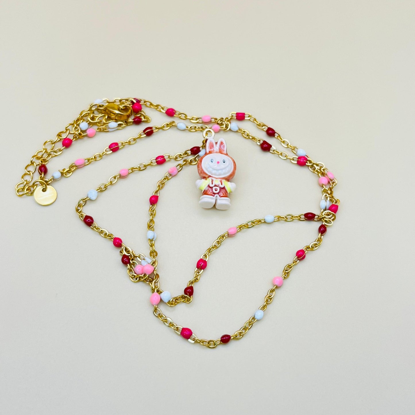 Labubu Kawaii Necklace – Gold-Plated Beaded Chain with Enamel Cartoon Charm