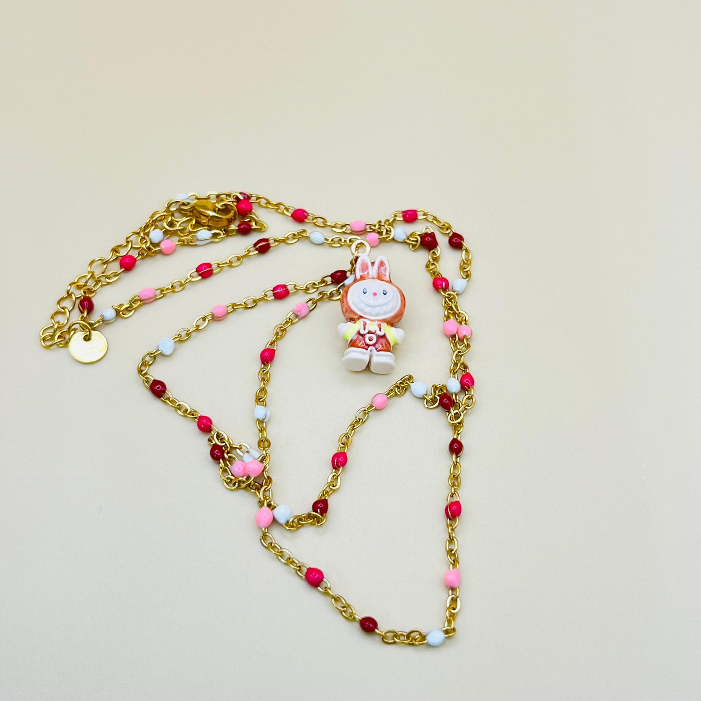 Labubu Kawaii Necklace – Gold-Plated Beaded Chain with Enamel Cartoon Charm