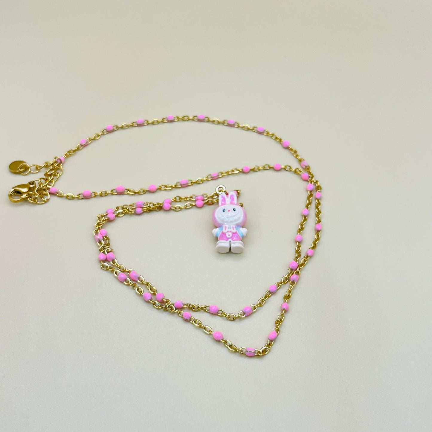 Labubu Kawaii Necklace – Gold-Plated Beaded Chain with Enamel Cartoon Charm