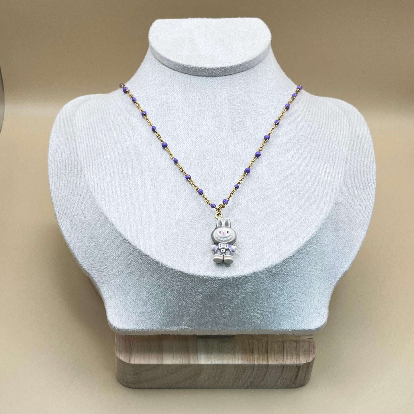 Labubu Kawaii Necklace – Gold-Plated Beaded Chain with Enamel Cartoon Charm