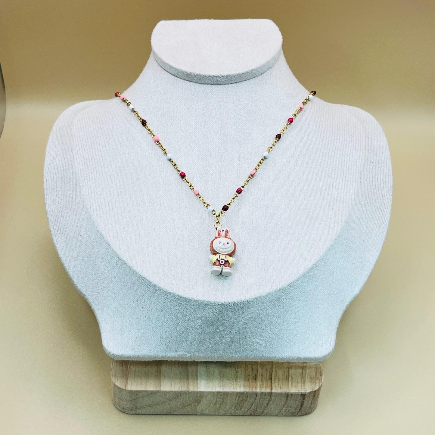 Labubu Kawaii Necklace – Gold-Plated Beaded Chain with Enamel Cartoon Charm