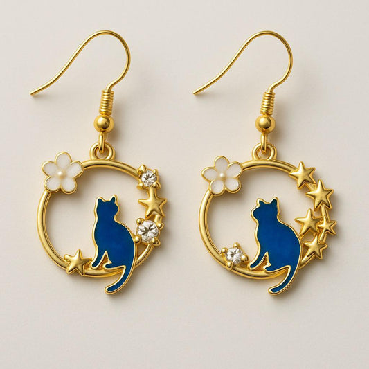 Celestial Cat Earrings – Gold-Plated Dangle with Blue Enamel & Stars